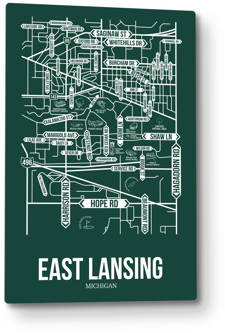 East Lansing, Michigan street map: the 12x18 metal plate on the wall, school colors