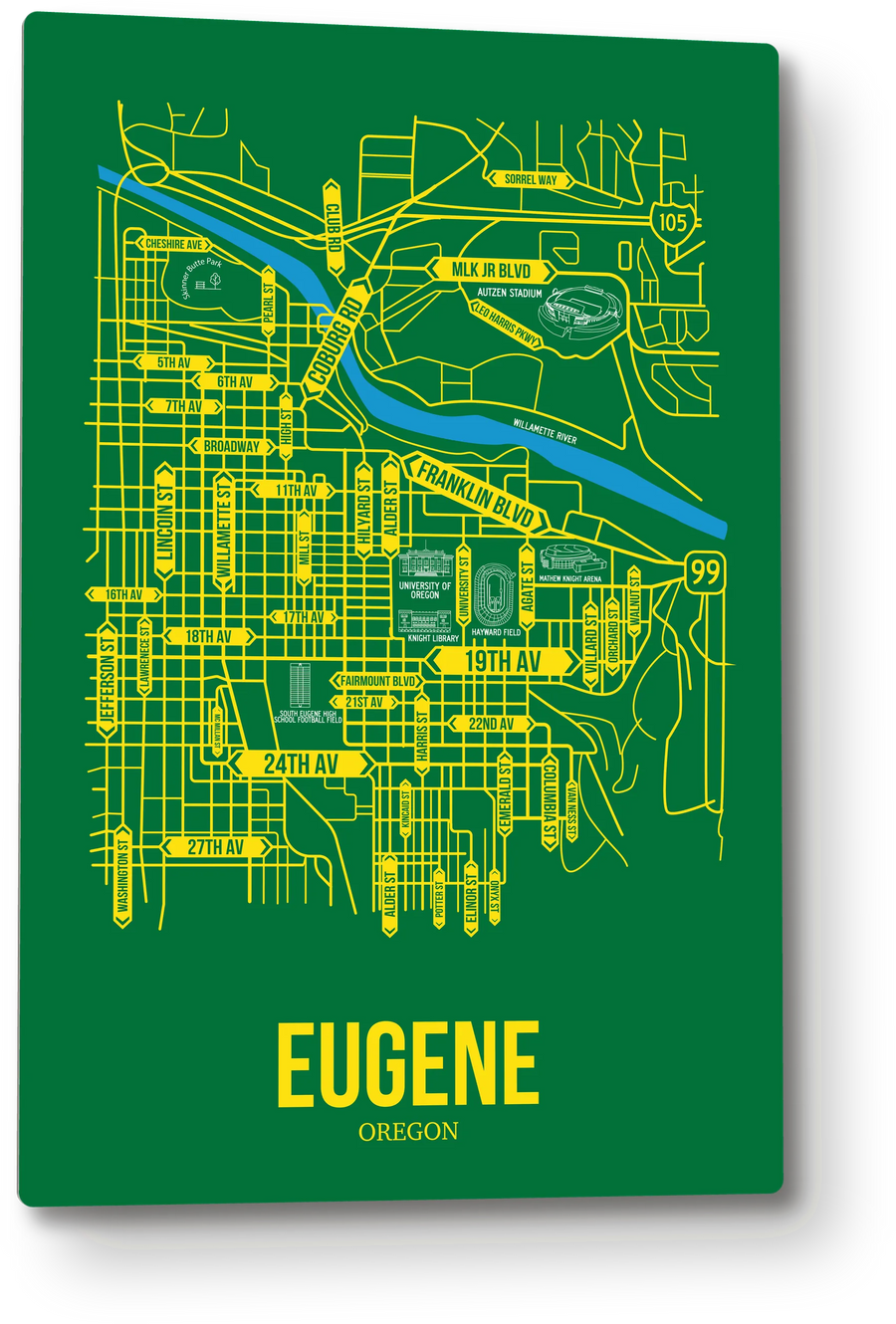 Eugene, Oregon street map: the 12x18 metal plate on the wall, school colors