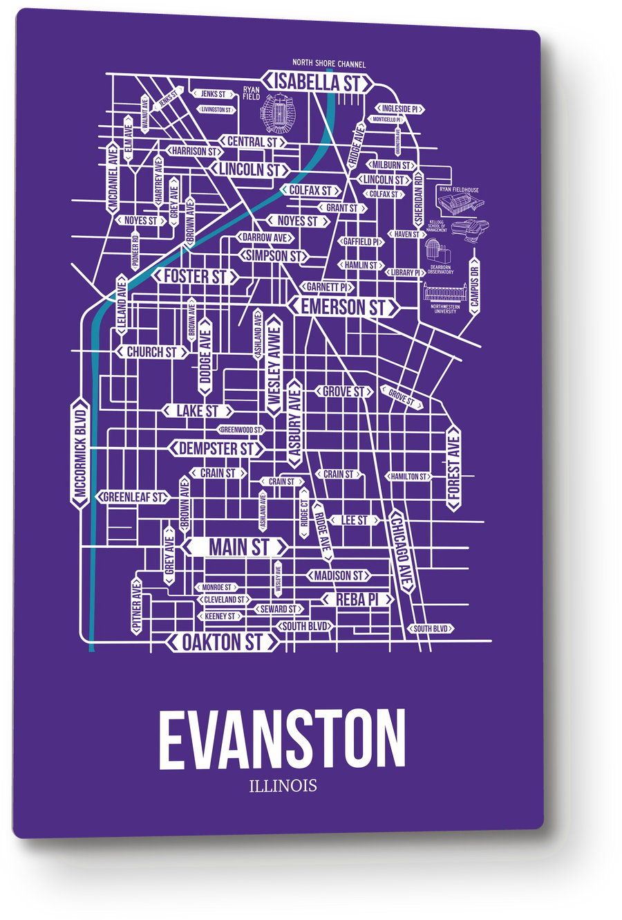 Evanston, Illinois street map: the 12x18 metal plate on the wall, school colors