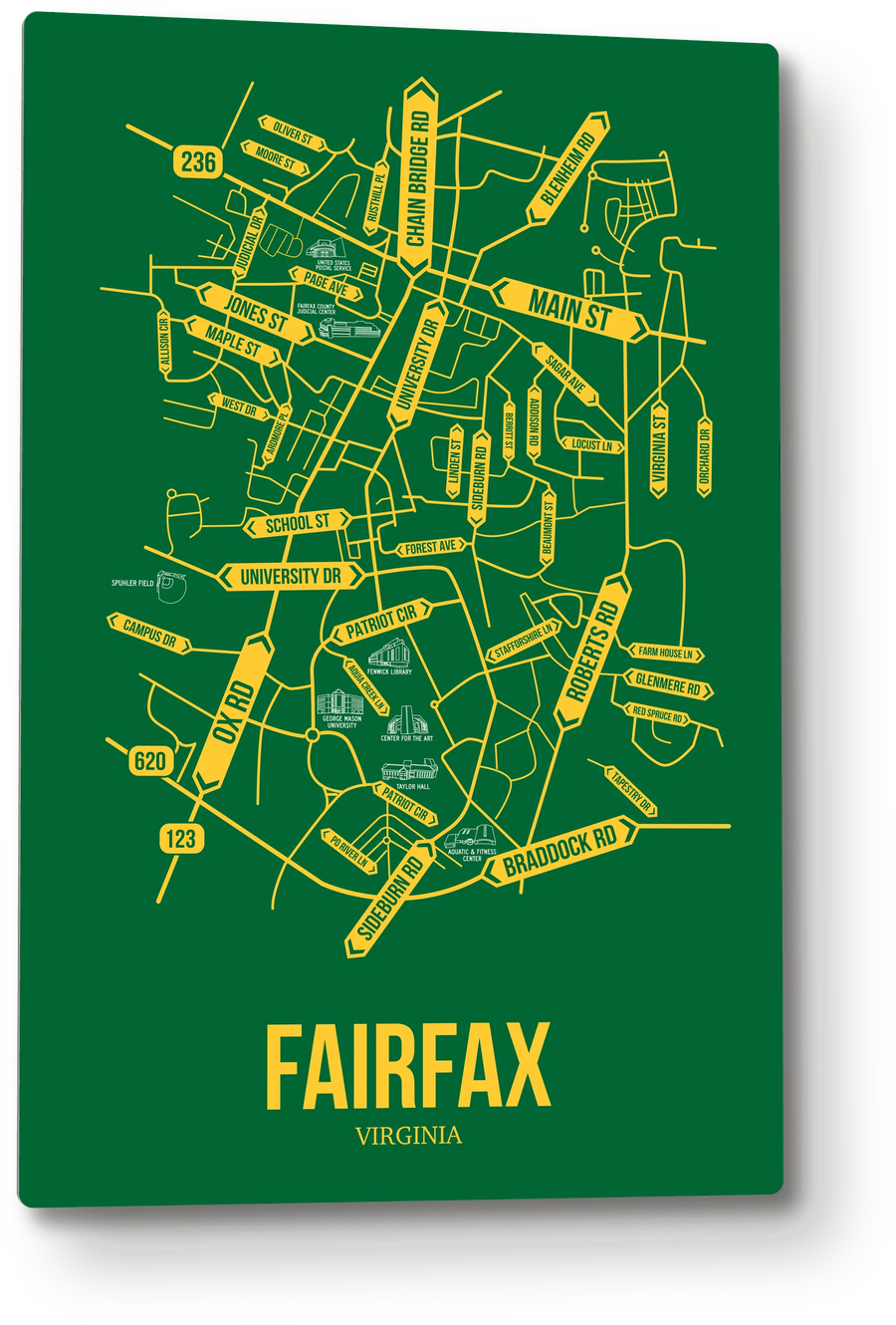 Fairfax, Virginia street map: the 12x18 metal plate on the wall, school colors
