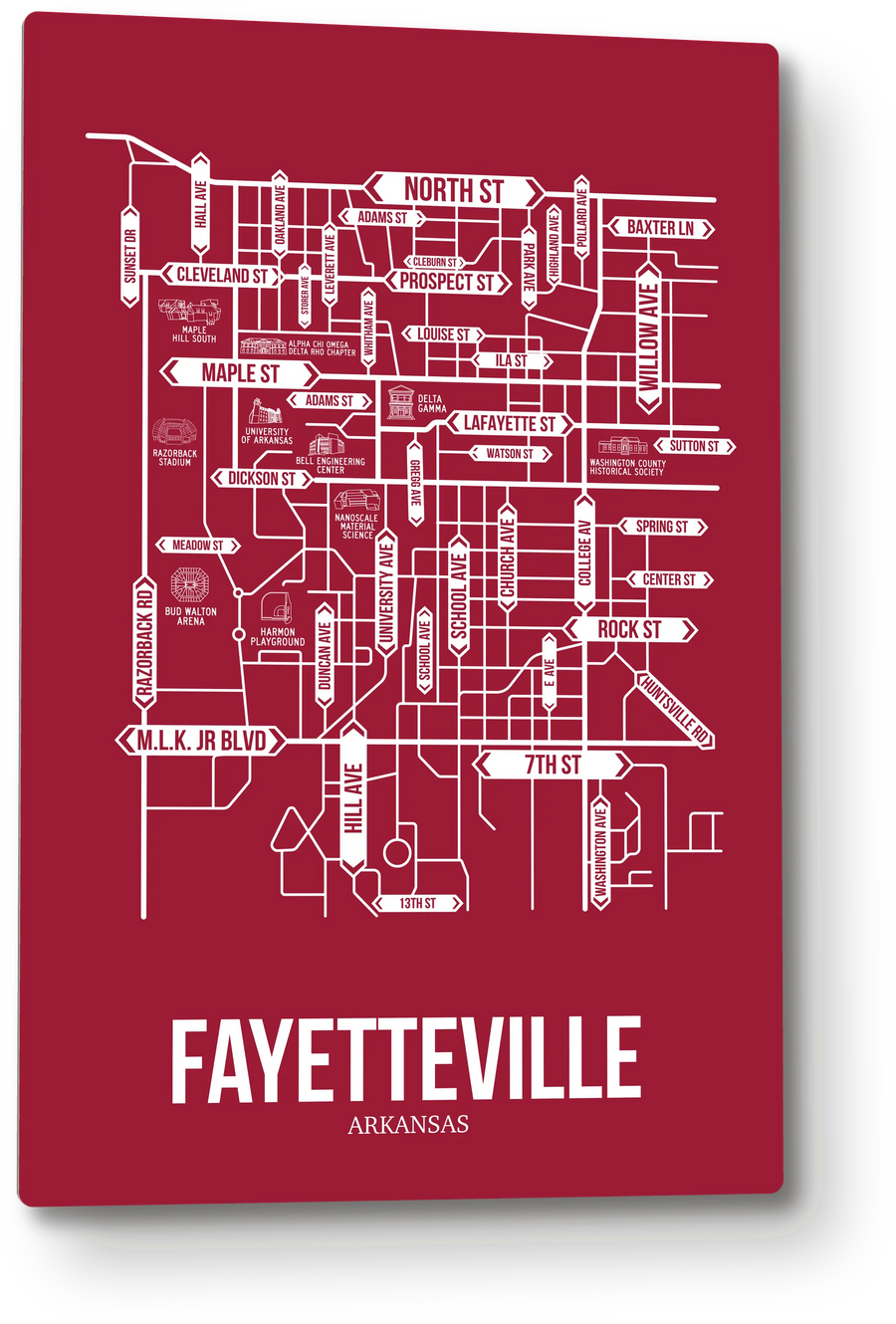Fayetteville, Arkansas street map: the 12x18 metal plate on the wall, school colors