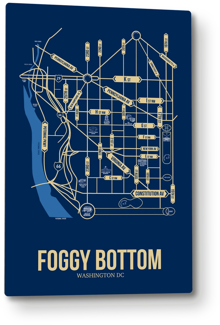 Foggy Bottom, Washington DC street map: the 12x18 metal plate on the wall, school colors