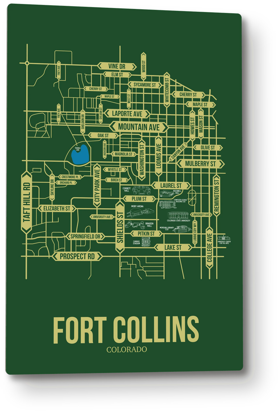 Fort Collins, Colorado street map: the 12x18 metal plate on the wall, school colors