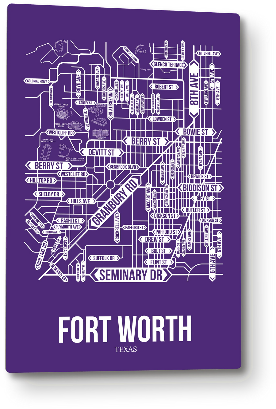 Fort Worth, Texas street map: the 12x18 metal plate on the wall, school colors