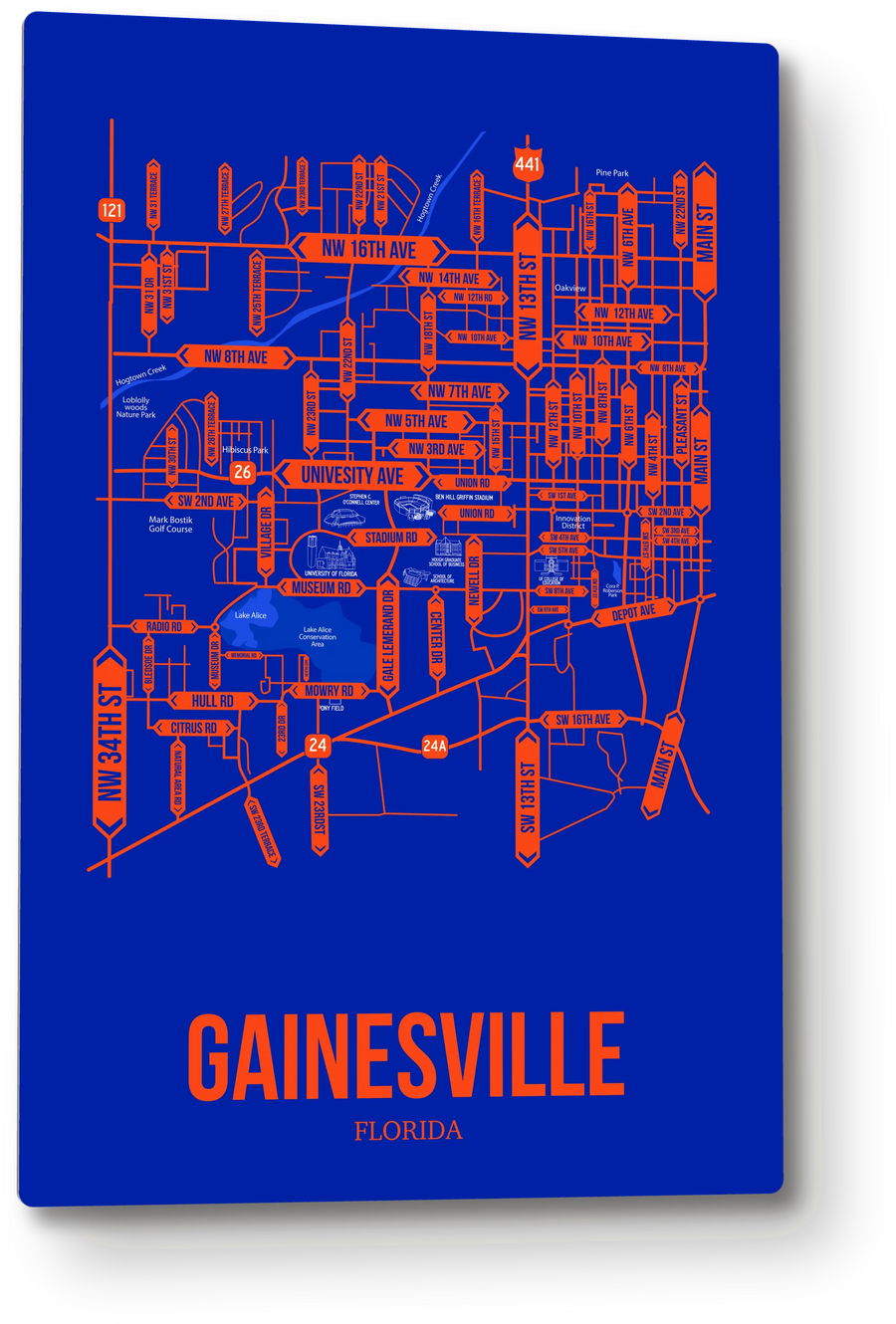 Gainesville, Florida street map: the 12x18 metal plate on the wall, school colors