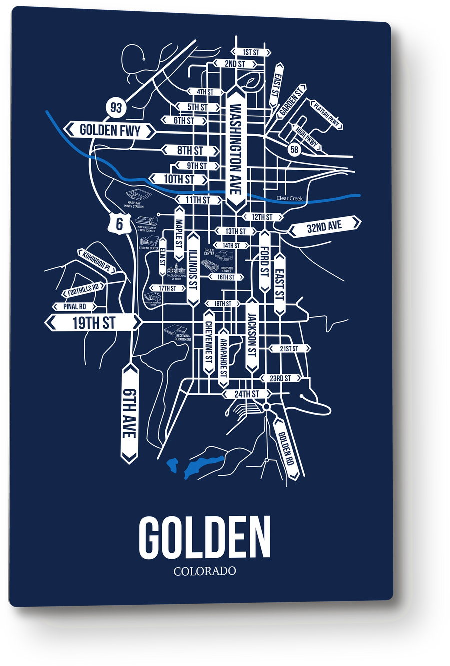 Golden, Colorado street map: the 12x18 metal plate on the wall, school colors