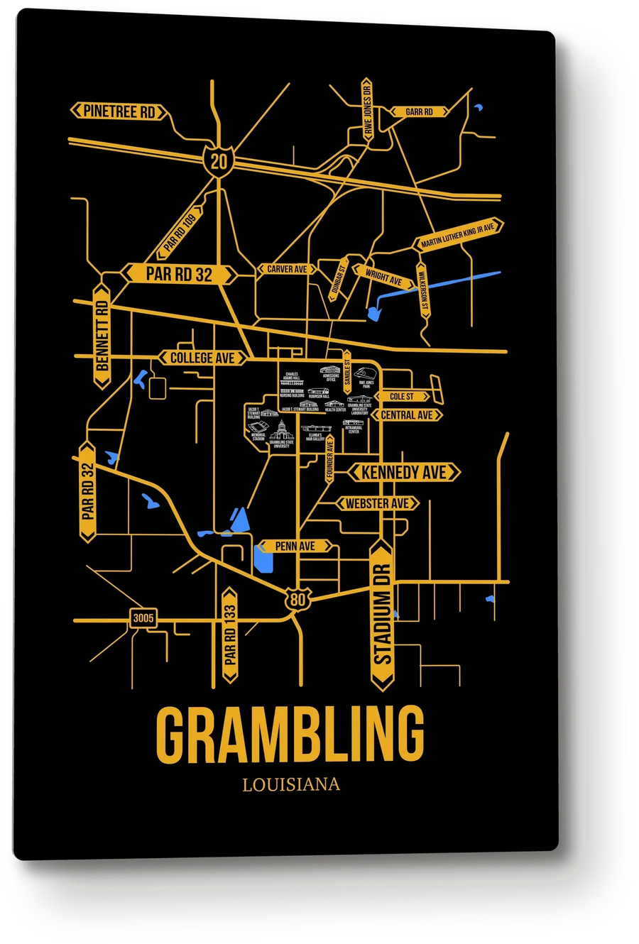 Grambling, Louisiana street map: the 12x18 metal plate on the wall, school colors