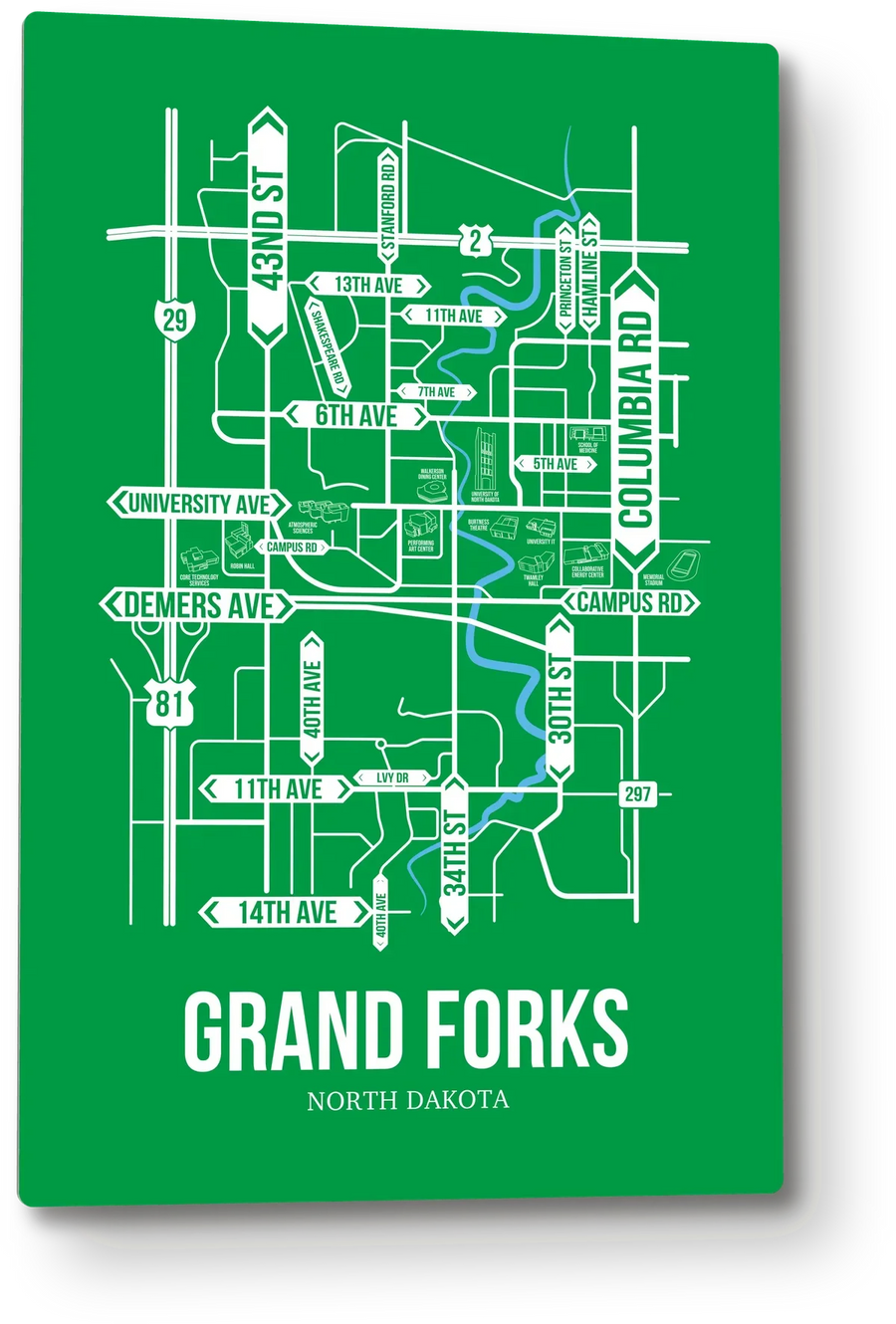 Grand Forks, North Dakota street map: the 12x18 metal plate on the wall, school colors