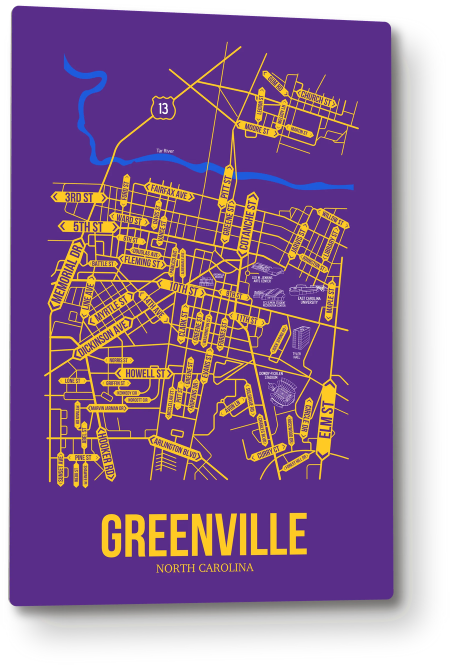 Greenville, North Carolina street map: the 12x18 metal plate on the wall, school colors