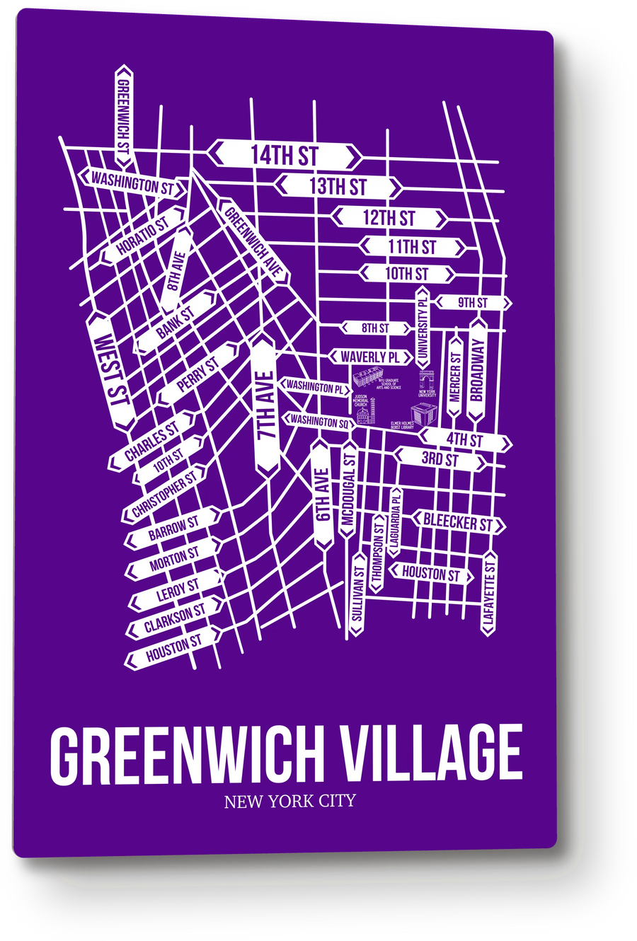 Greenwich Village, New York, NY street map: the 12x18 metal plate on the wall, school colors