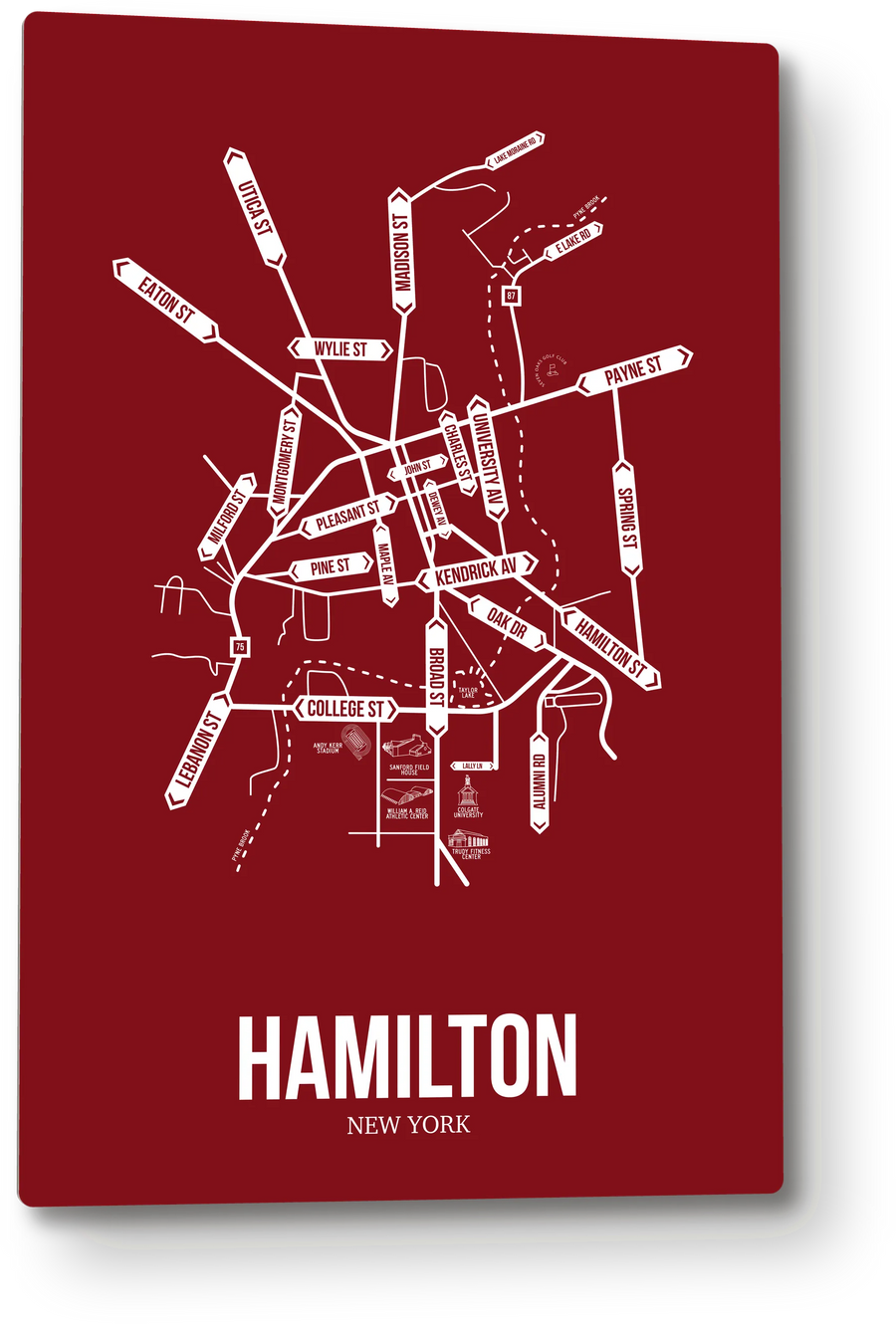 Hamilton, New York street map: the 12x18 metal plate on the wall, school colors