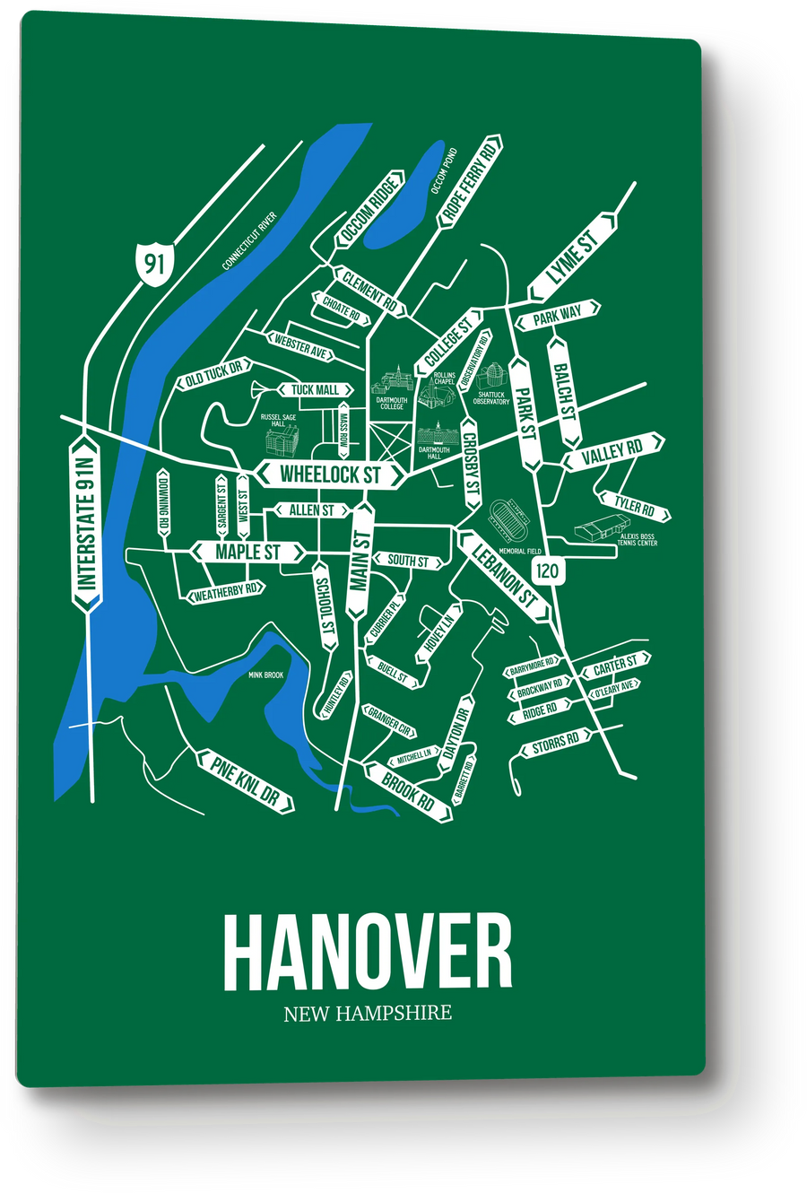 Hanover, New Hampshire street map: the 12x18 metal plate on the wall, school colors