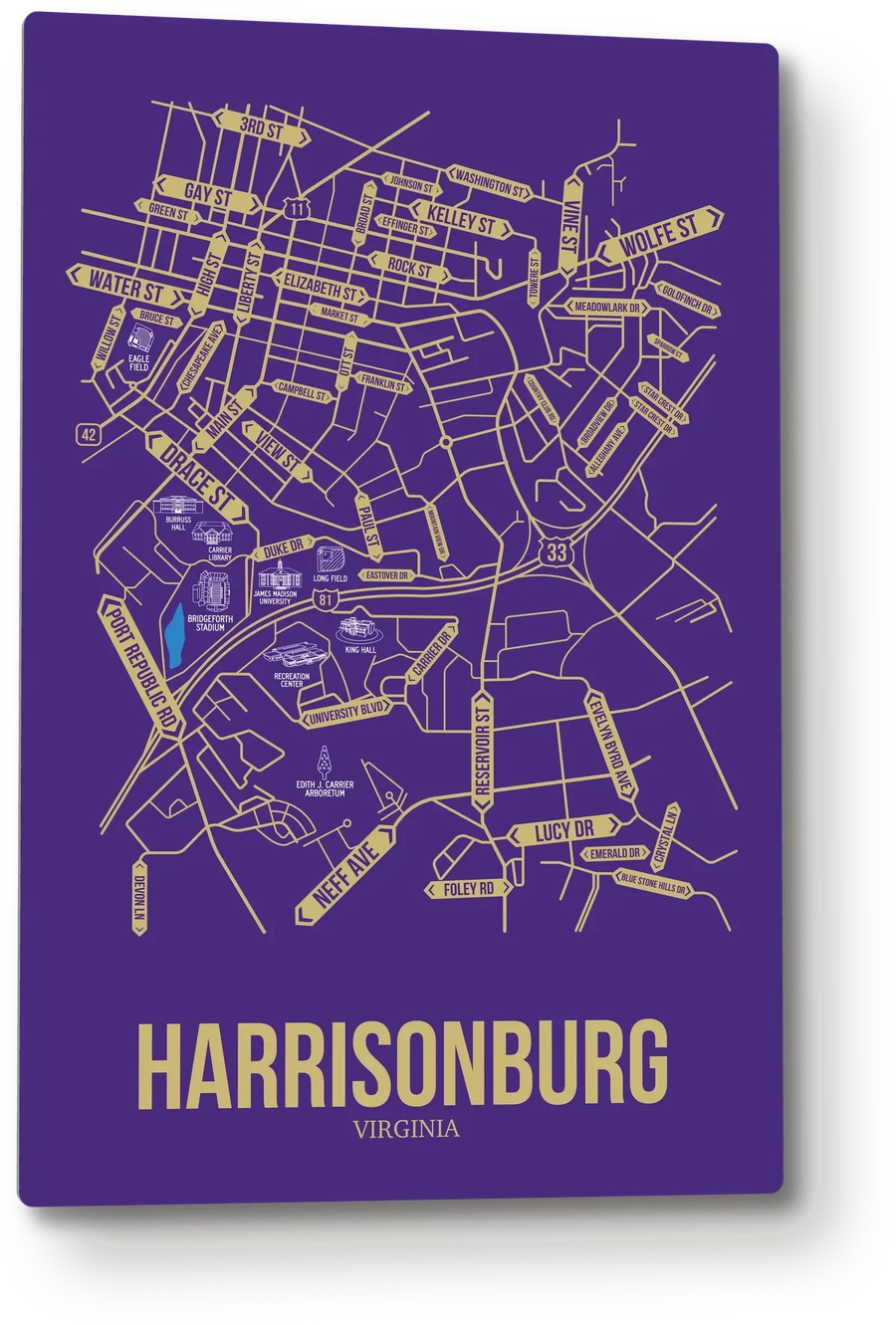 Harrisonburg, Virginia street map: the 12x18 metal plate on the wall, school colors