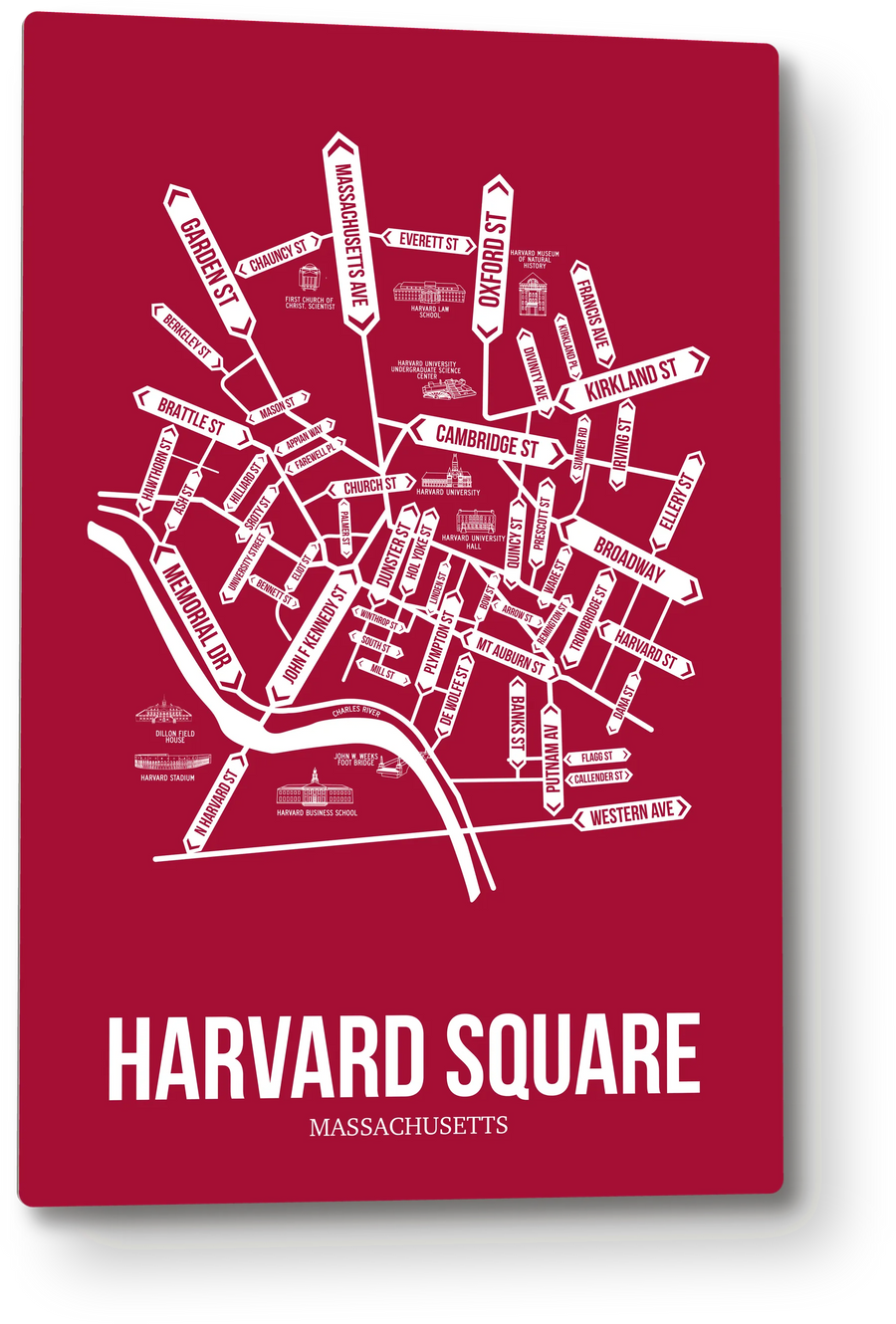 Harvard Square, Cambridge, MA street map: the 12x18 metal plate on the wall, school colors
