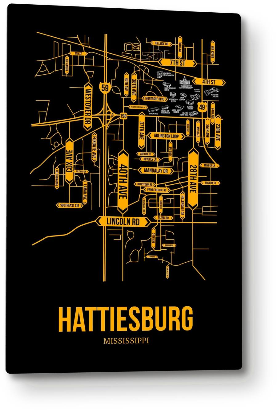 Hattiesburg, Mississippi street map: the 12x18 metal plate on the wall, school colors