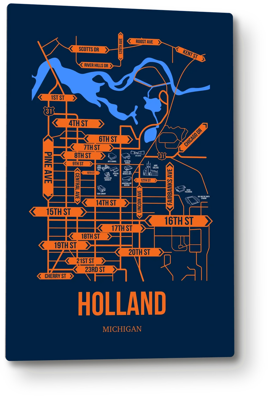 Holland, Michigan street map: the 12x18 metal plate on the wall, school colors