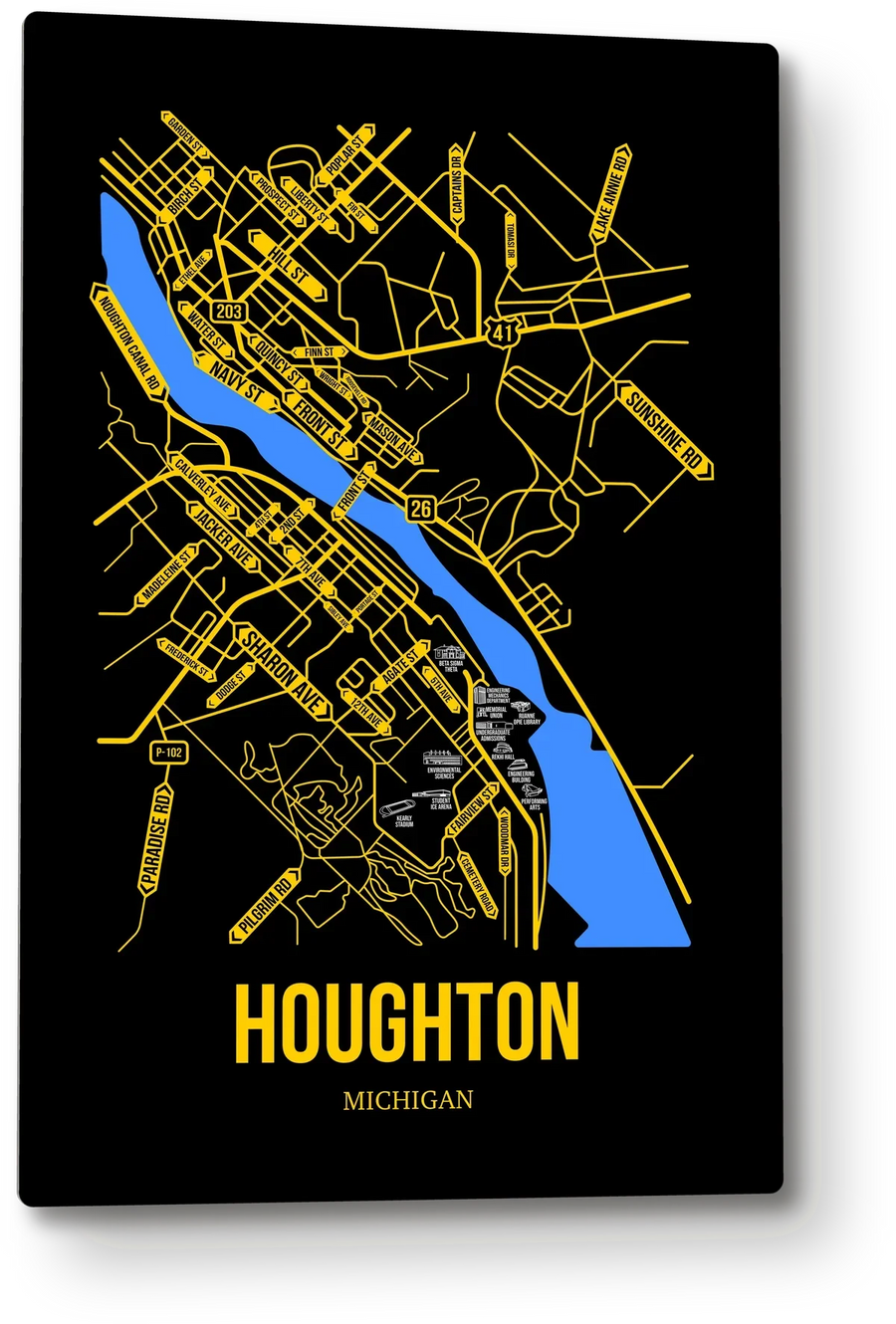 Houghton, Michigan street map: the 12x18 metal plate on the wall, school colors