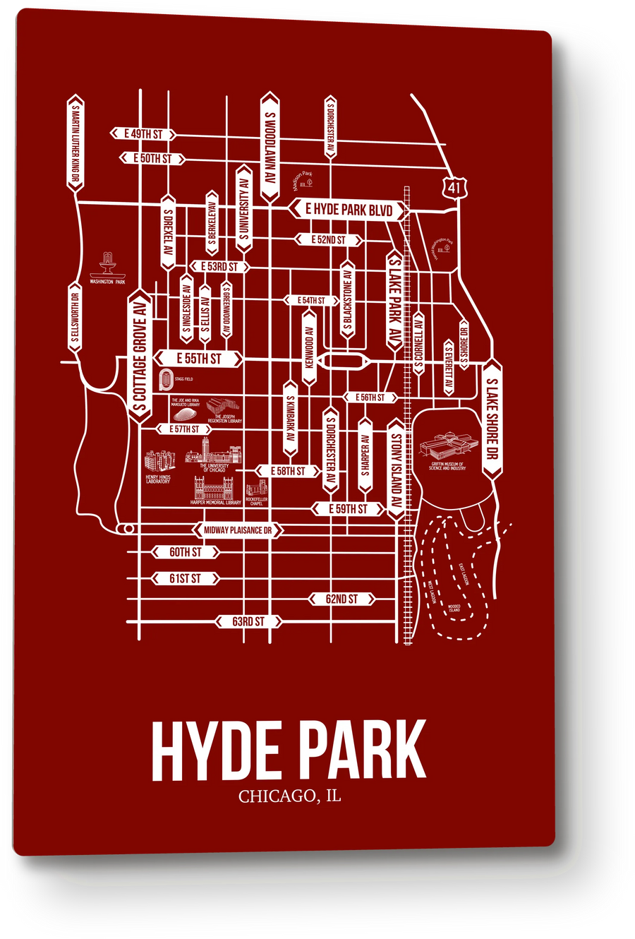 Hyde Park, Chicago, IL street map: the 12x18 metal plate on the wall, school colors