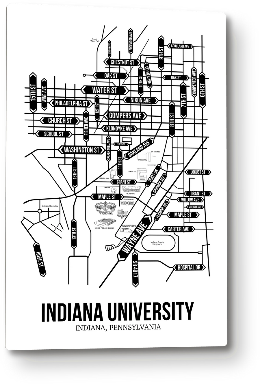 Indiana, Pennsylvania street map: the metal plate, black and white