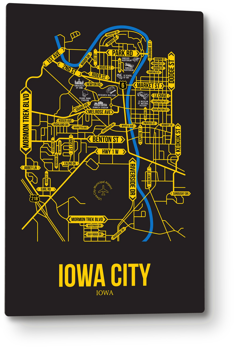 Iowa City, Iowa street map: the 12x18 metal plate on the wall, school colors