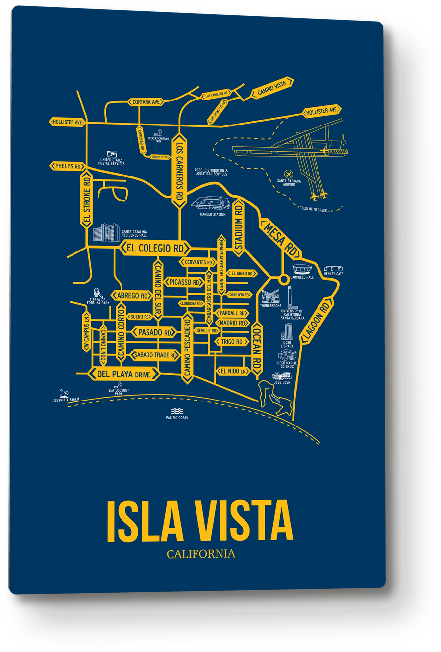Isla Vista, California street map: the 12x18 metal plate on the wall, school colors