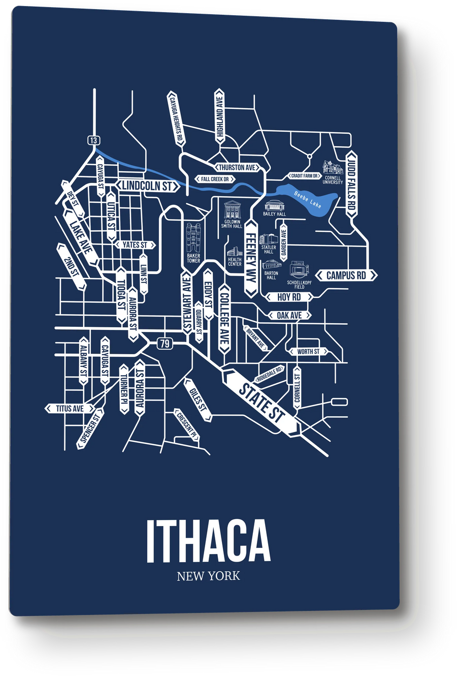 Ithaca, New York street map: the 12x18 metal plate on the wall, school colors