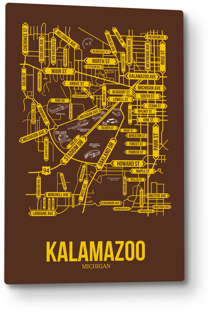 Kalamazoo, Michigan street map: the 12x18 metal plate on the wall, school colors