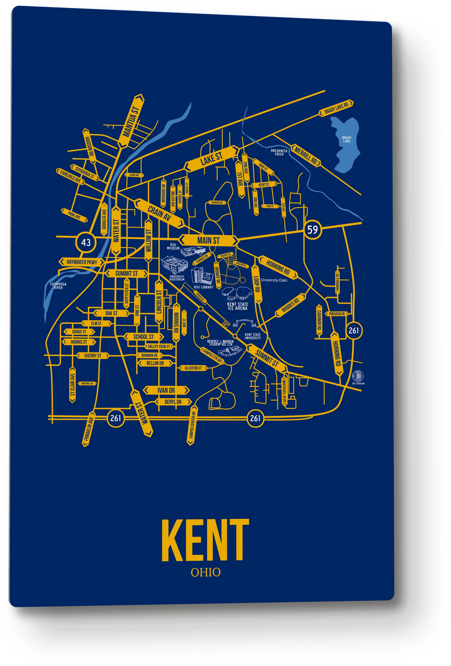 Kent, Ohio street map: the 12x18 metal plate on the wall, school colors
