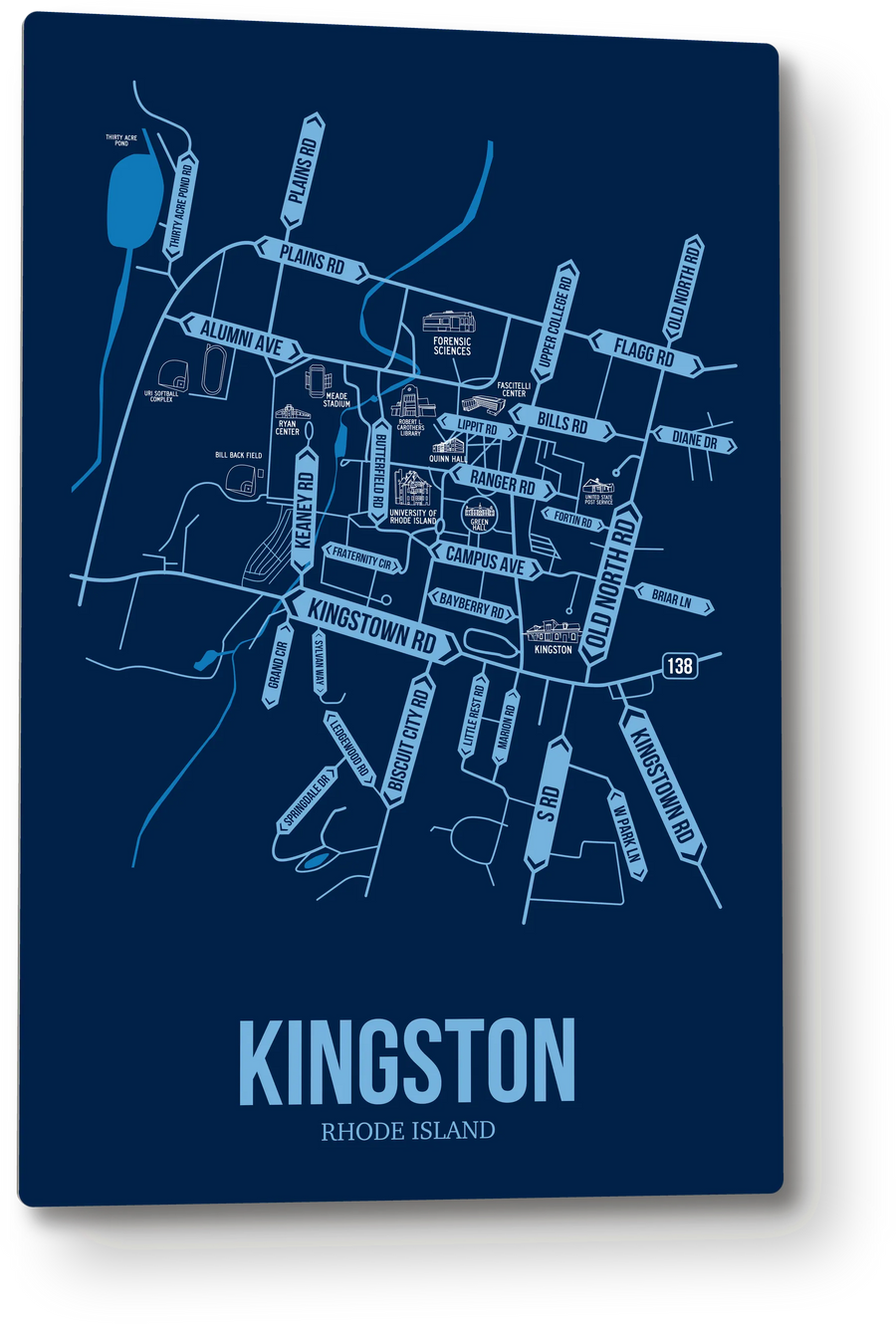 Kingston, Rhode Island street map: the 12x18 metal plate on the wall, school colors