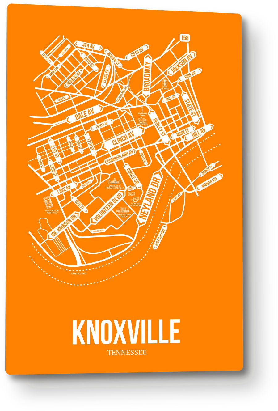 Knoxville, Tennessee street map: the 12x18 metal plate on the wall, school colors