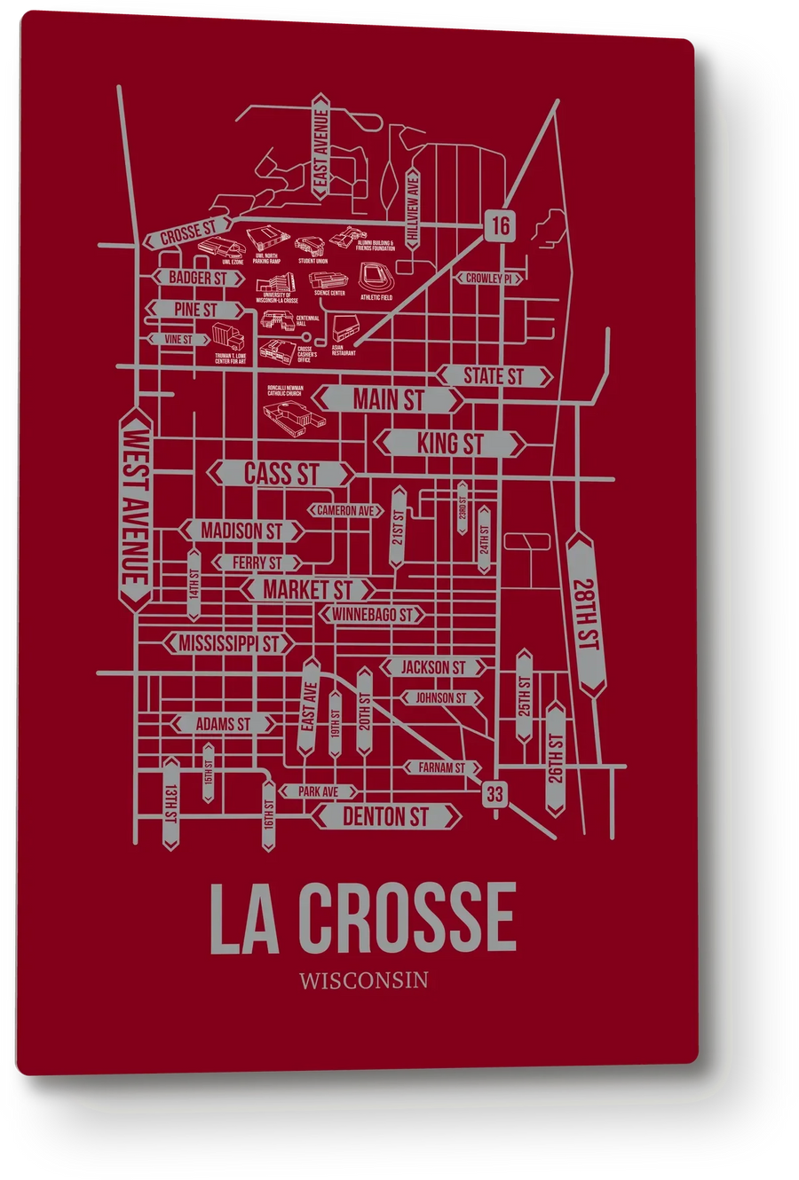 La Crosse, Wisconsin street map: the 12x18 metal plate on the wall, school colors