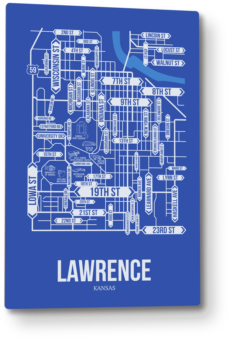 Lawrence, Kansas street map: the 12x18 metal plate on the wall, school colors
