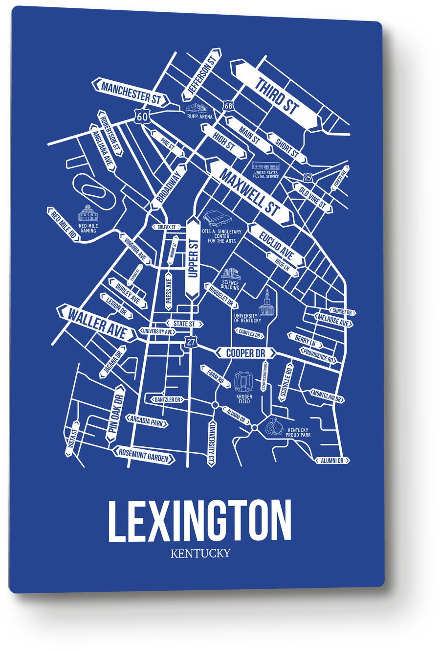 Lexington, Kentucky street map: the 12x18 metal plate on the wall, school colors