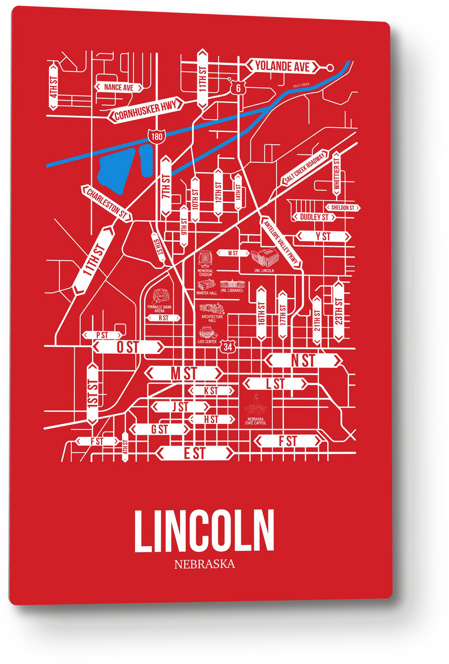 Lincoln, Nebraska street map: the 12x18 metal plate on the wall, school colors