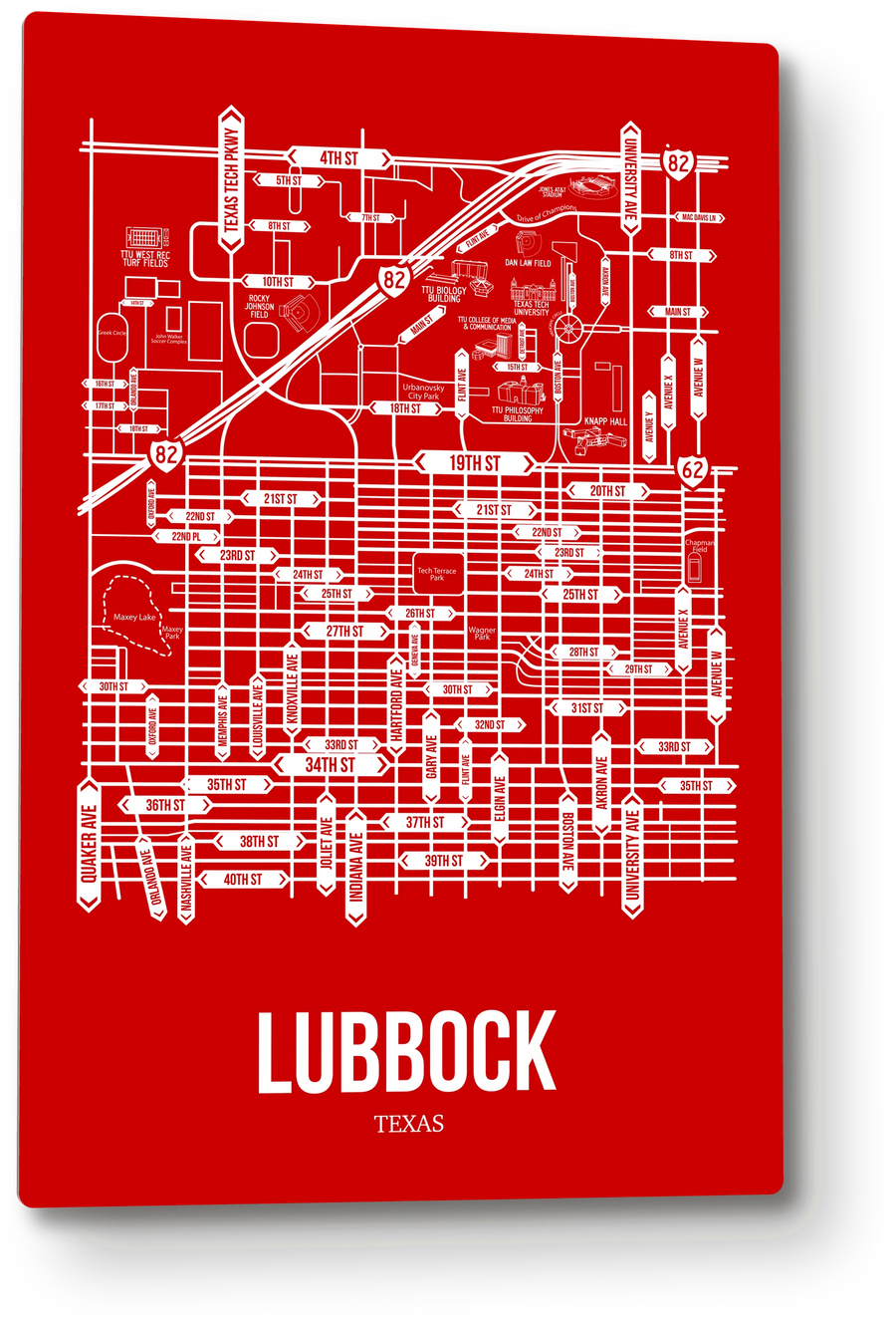 Lubbock, Texas street map: the 12x18 metal plate on the wall, school colors