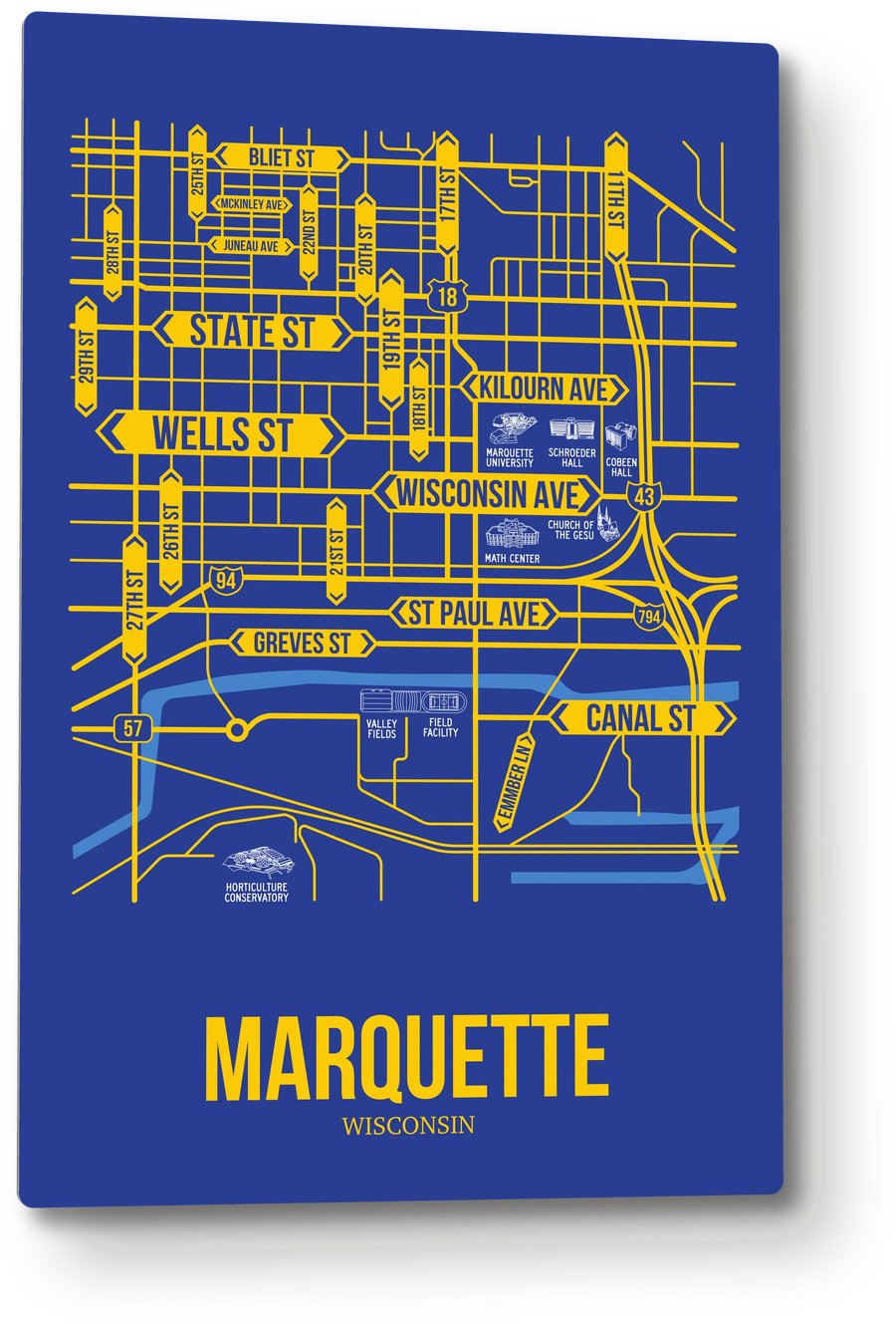 Marquette, Wisconsin street map: the 12x18 metal plate on the wall, school colors
