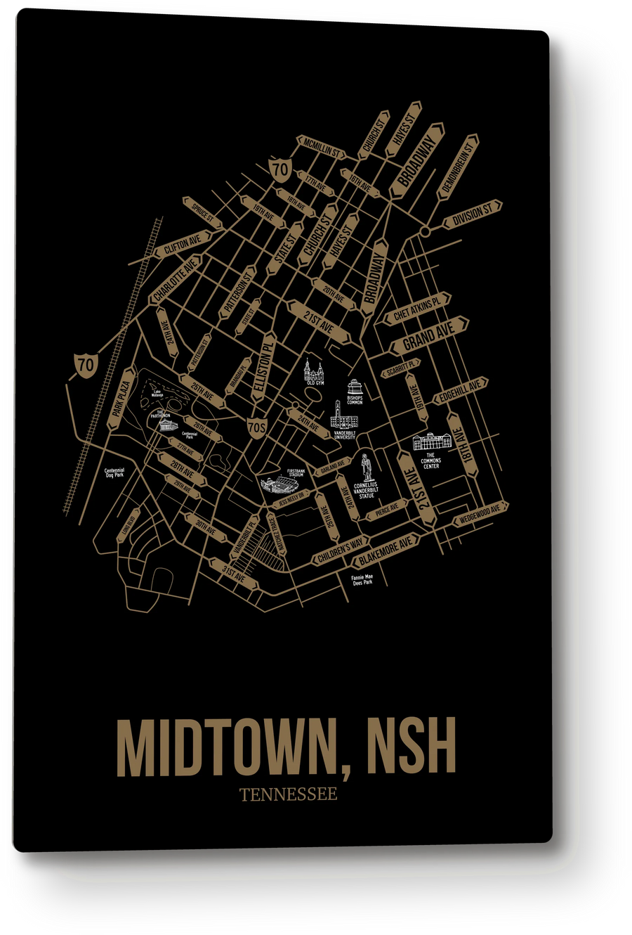 Midtown, Nashville, TN street map: the 12x18 metal plate on the wall, school colors
