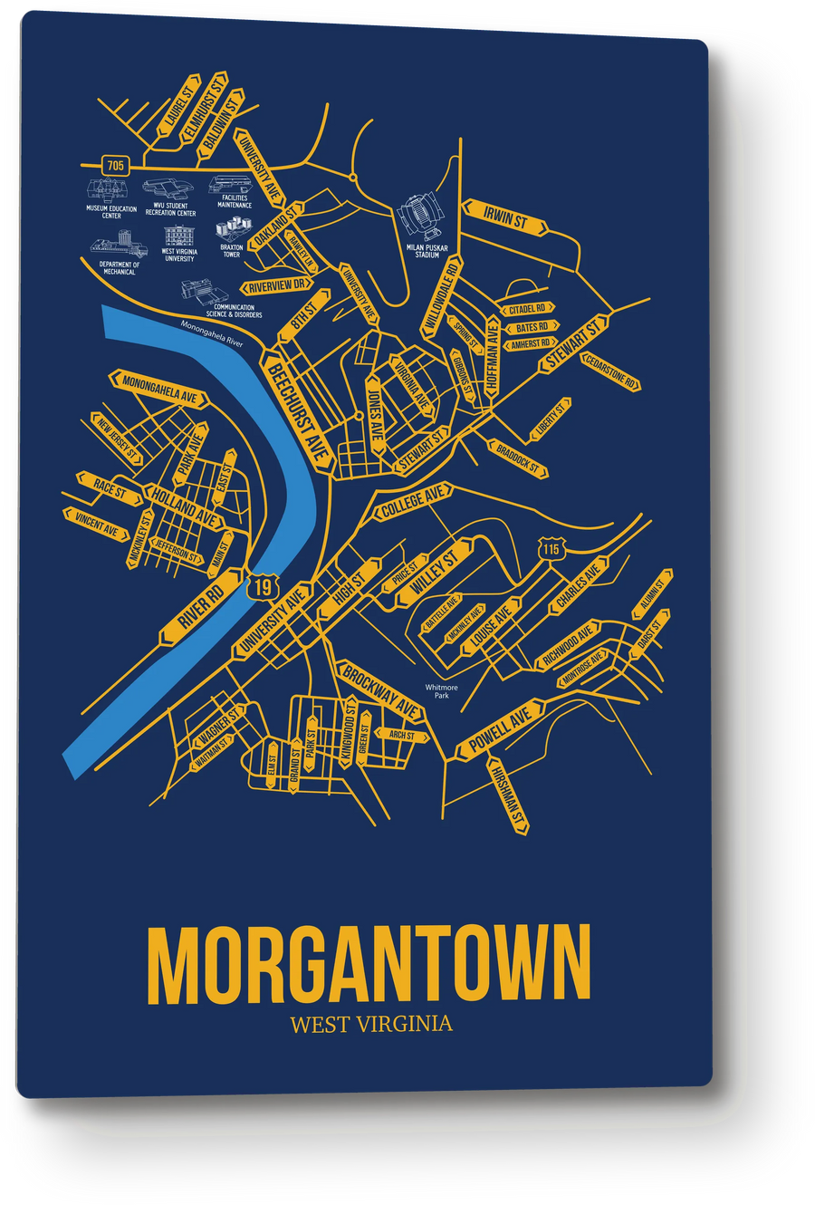 Morgantown, West Virginia street map: the 12x18 metal plate on the wall, school colors