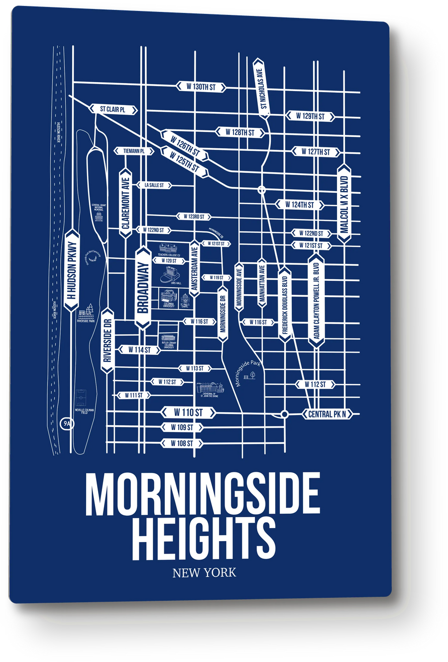Morningside Heights, New York, NY street map: the 12x18 metal plate on the wall, school colors