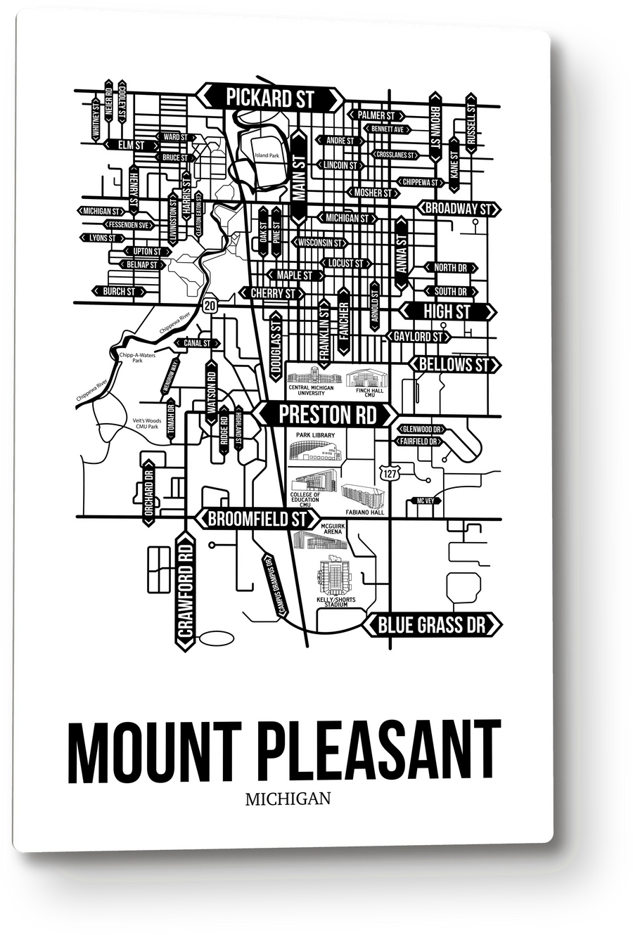 Mount Pleasant, Michigan street map: the metal plate, black and white
