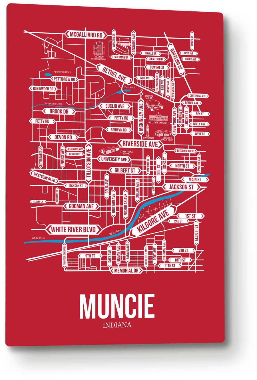 Muncie, Indiana street map: the 12x18 metal plate on the wall, school colors