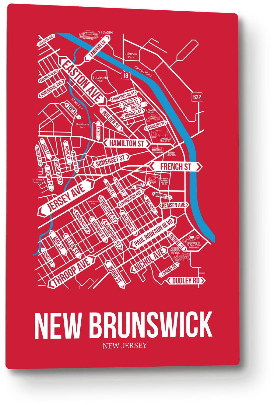 New Brunswick, New Jersey street map: the 12x18 metal plate on the wall, school colors