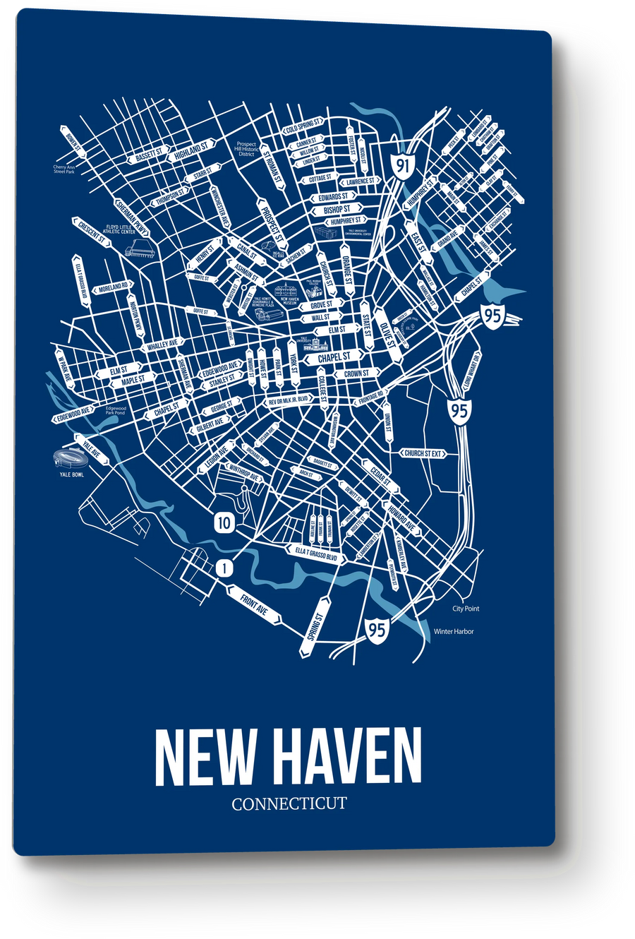 New Haven, Connecticut street map: the 12x18 metal plate on the wall, school colors