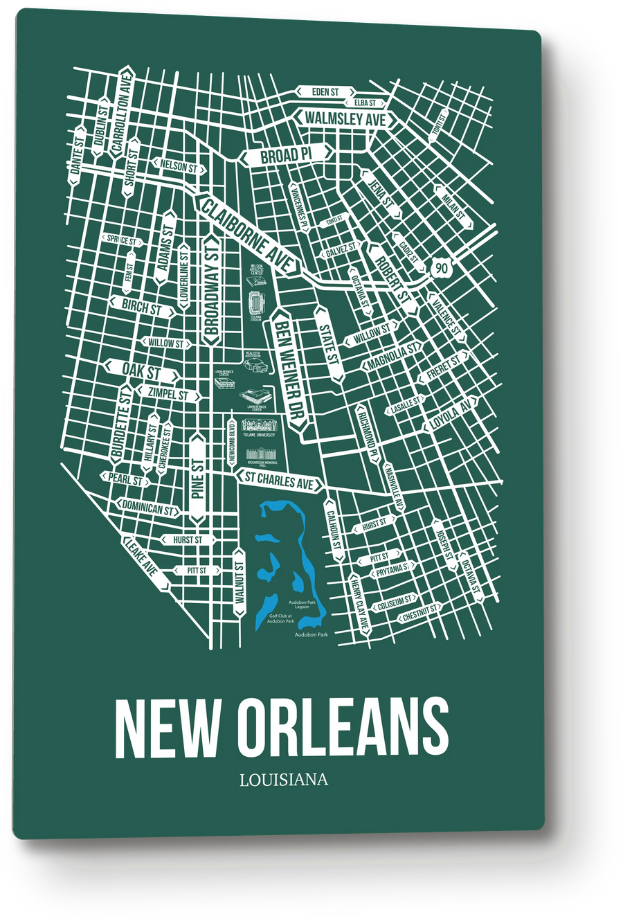 New Orleans, Louisiana street map: the 12x18 metal plate on the wall, school colors