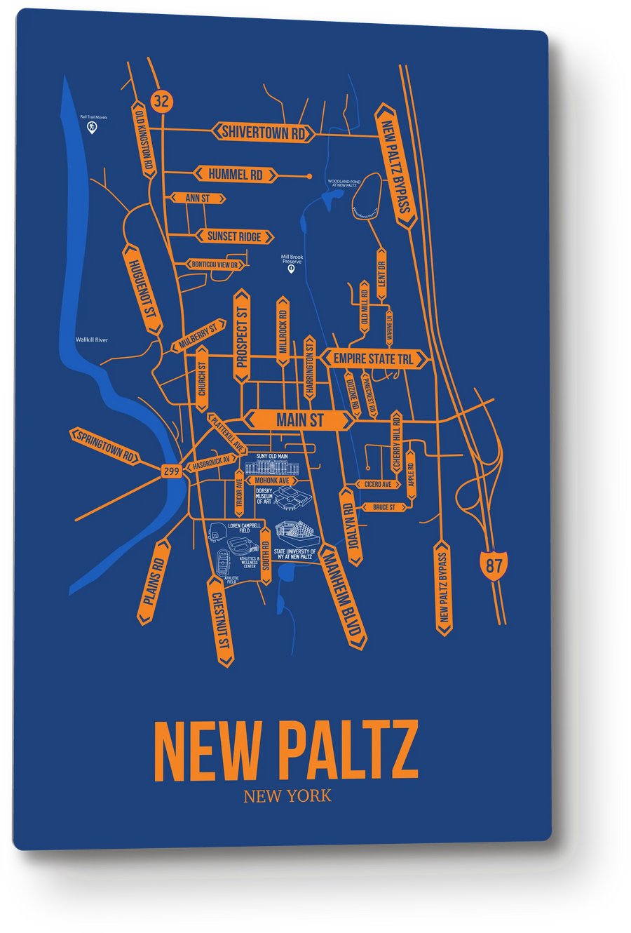 New Paltz, New York street map: the 12x18 metal plate on the wall, school colors