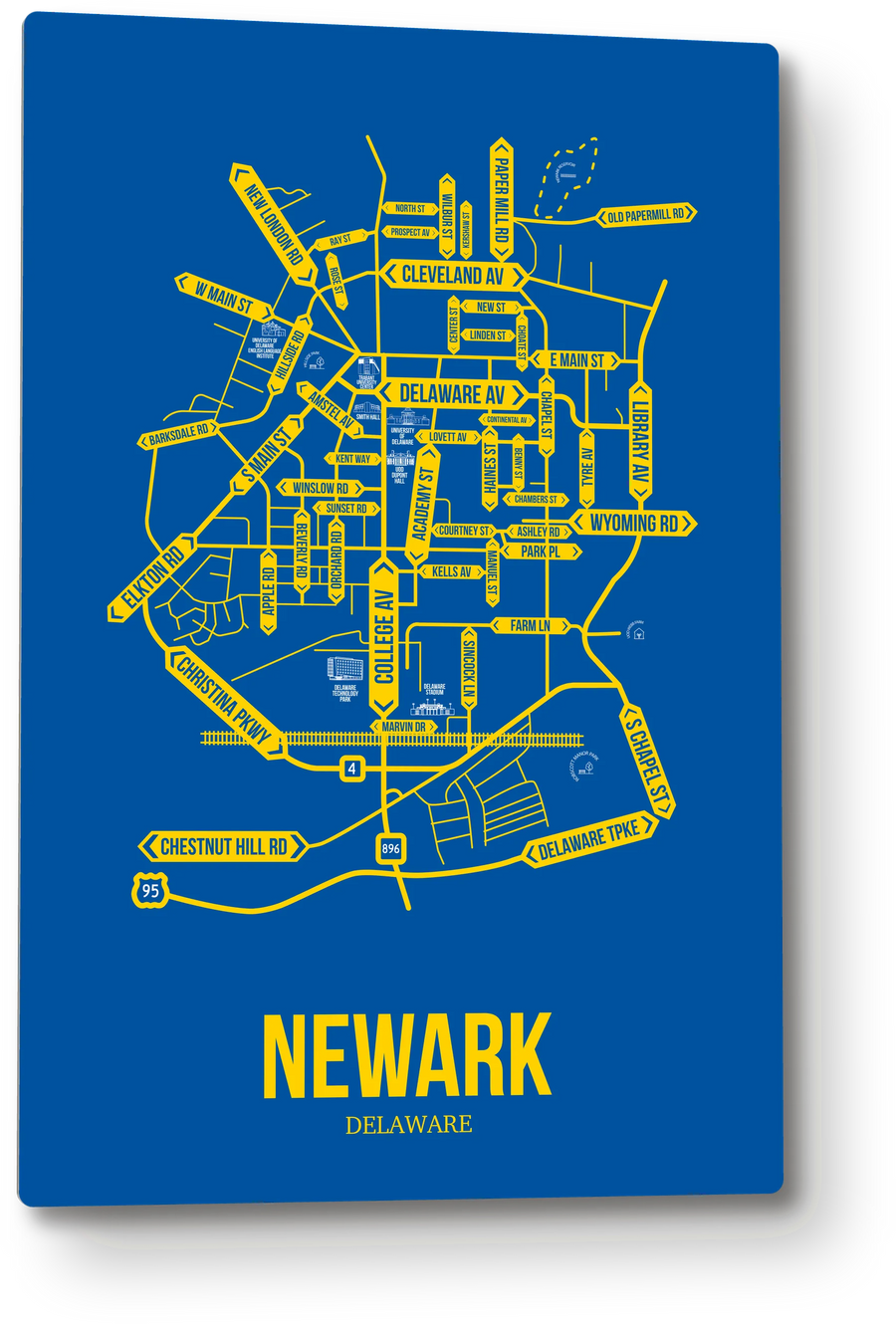 Newark, Delaware street map: the 12x18 metal plate on the wall, school colors