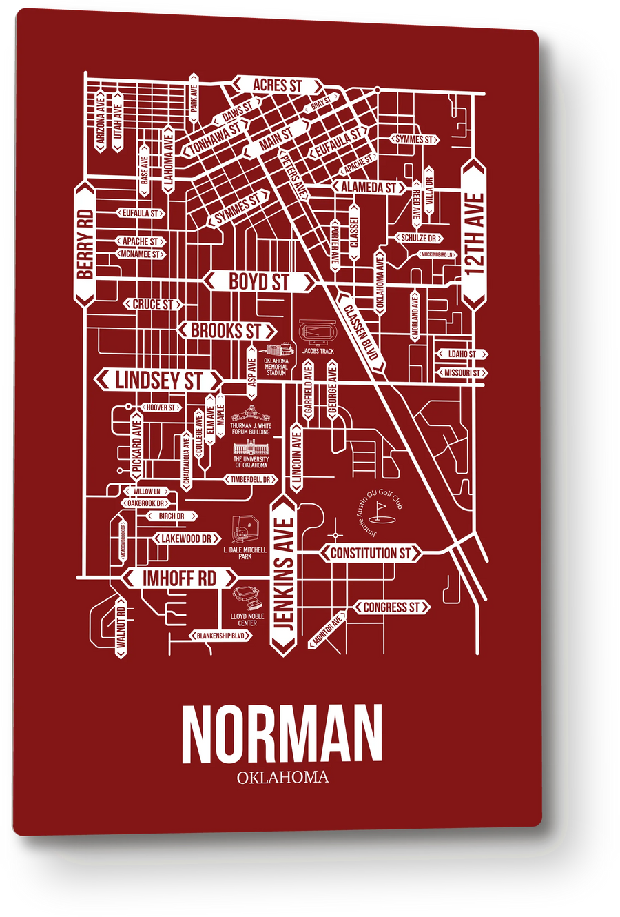 Norman, Oklahoma street map: the 12x18 metal plate on the wall, school colors