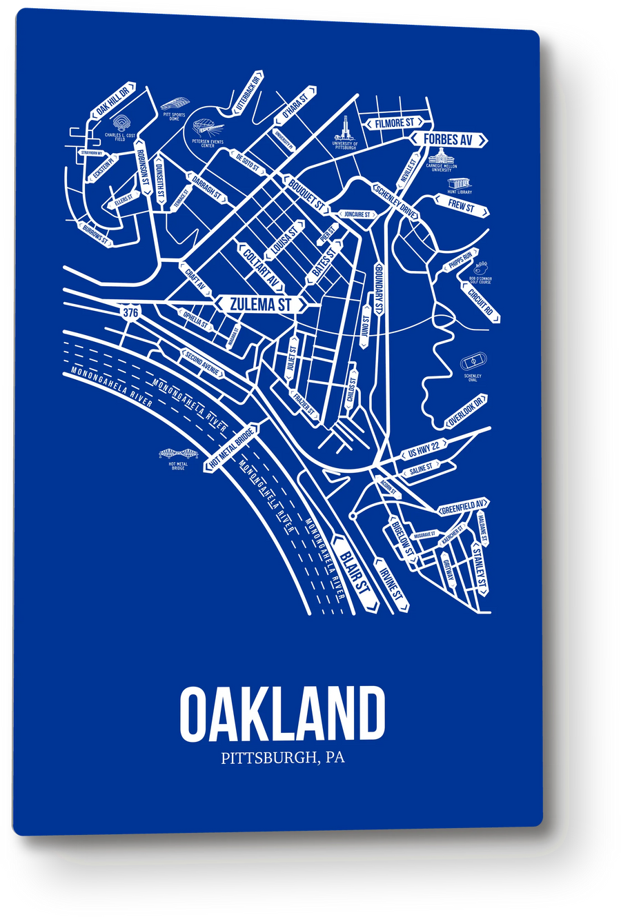 Oakland, Pittsburgh, PA street map: the 12x18 metal plate on the wall, school colors