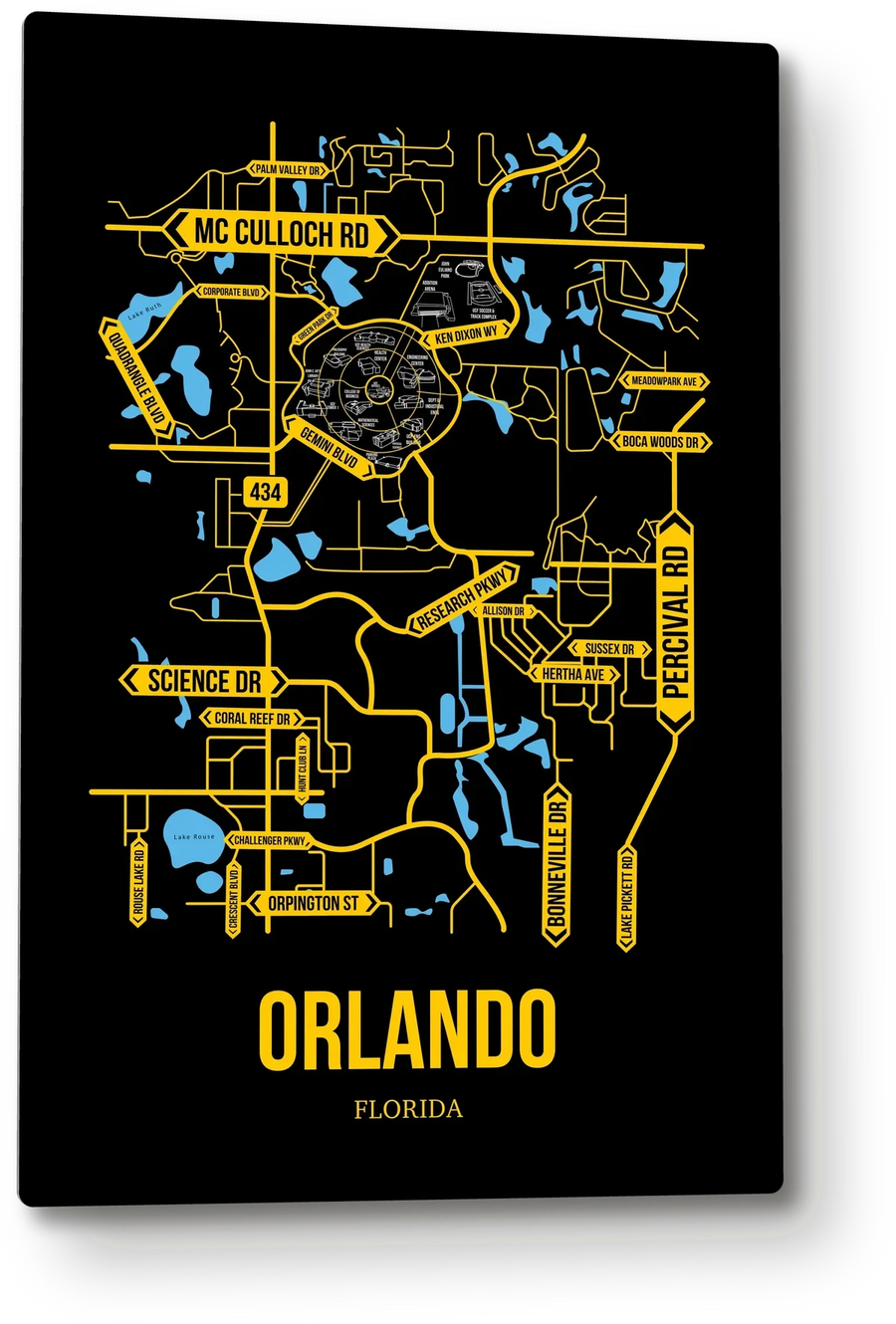 Orlando, Florida street map: the 12x18 metal plate on the wall, school colors
