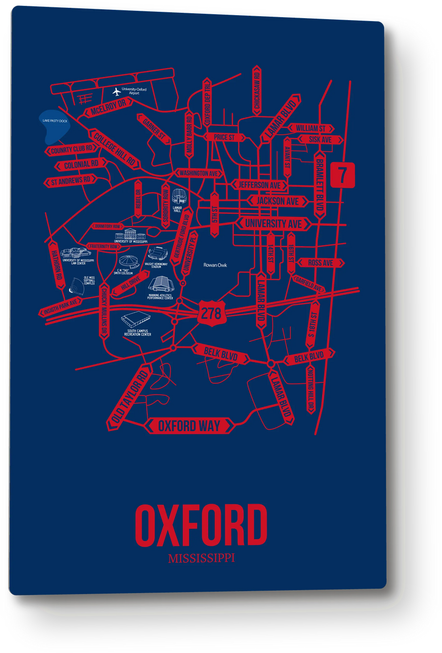 Oxford, Mississippi street map: the 12x18 metal plate on the wall, school colors
